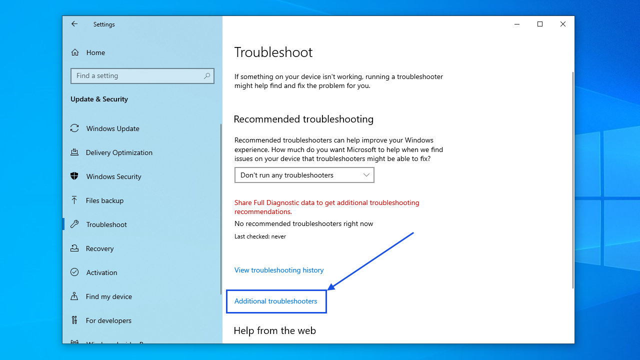 Click on Additional Troubleshooters.