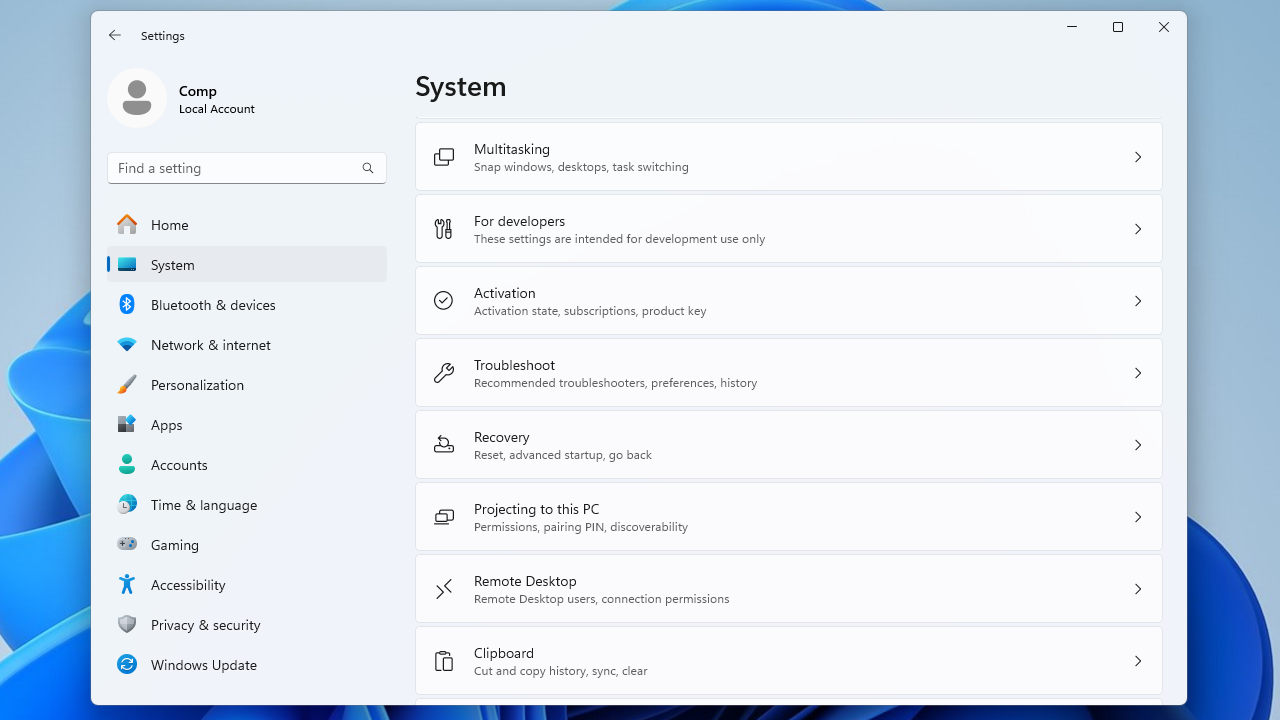 Launch Settings, use your Tab key to highlight Display, and use the Down arrow key to select Recovery.