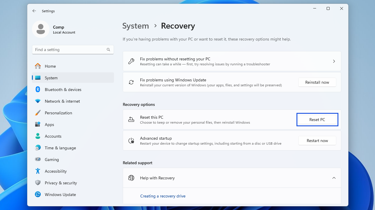 After opening the Recover page, use the Tab key to select Reset PC and hit Enter.