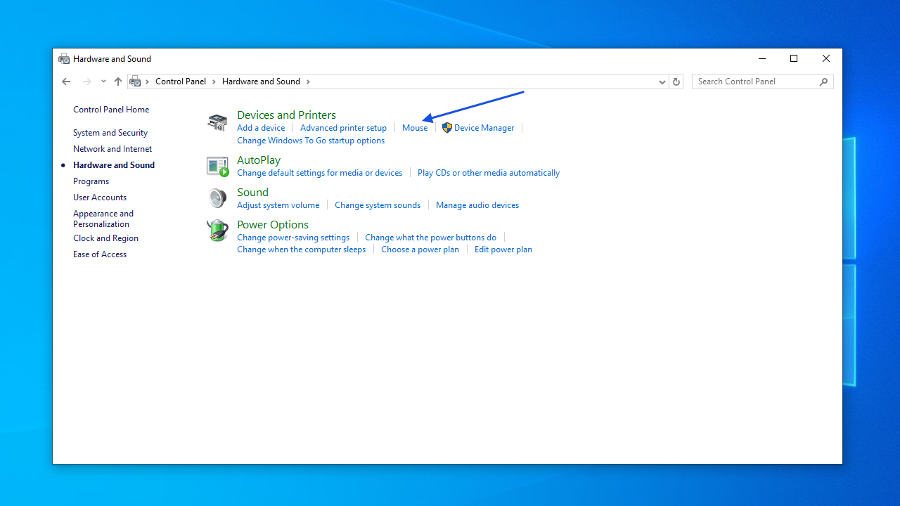 Still using the arrow keys, select Mouse under Device and Printers and hit the Enter key.