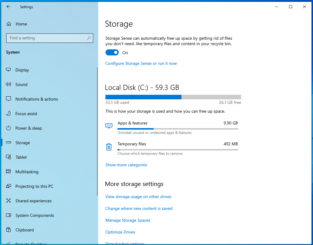 Enable the Storage Sense toggle