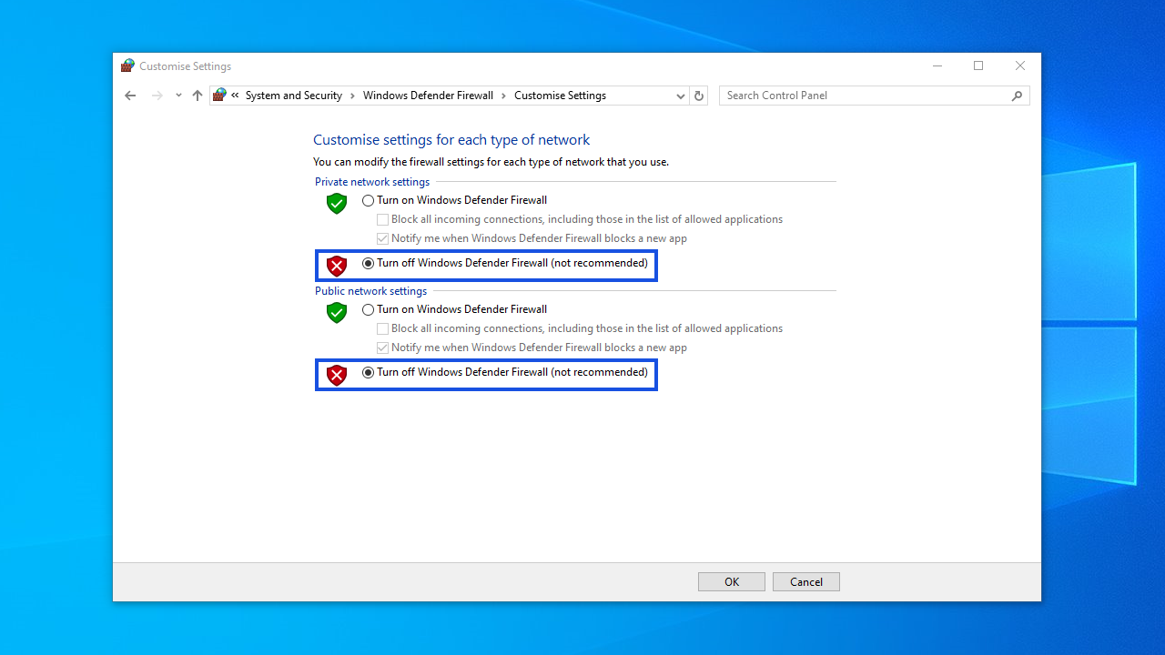 Click the radio buttons next toTurn Windows Defender Firewall on or off