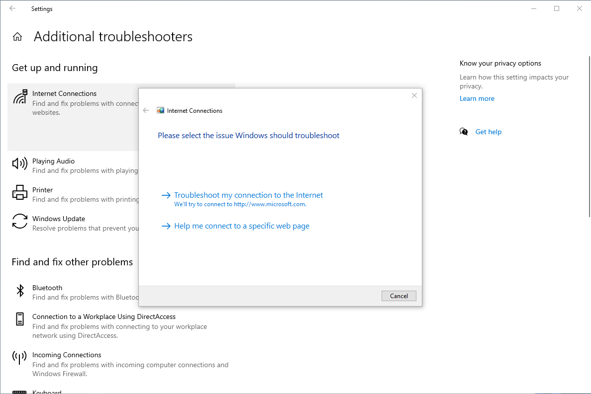 Click on Troubleshoot my connection to the Internet