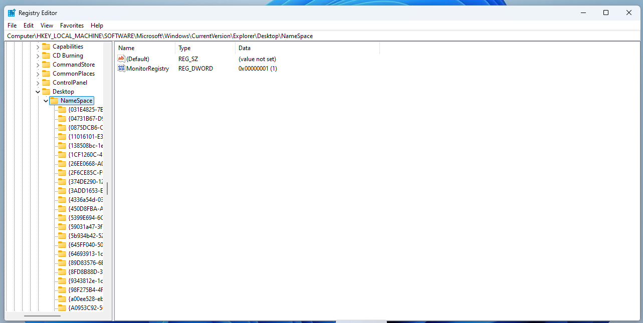HKEY_LOCAL_MACHINESOFTWAREMicrosoftWindowsCurrentVersionExplorerDesktopNameSpace