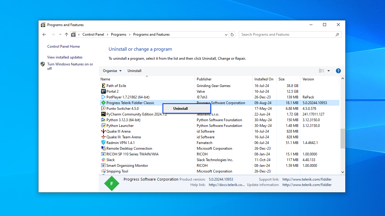 Right-click the suspect program and select Uninstall.
