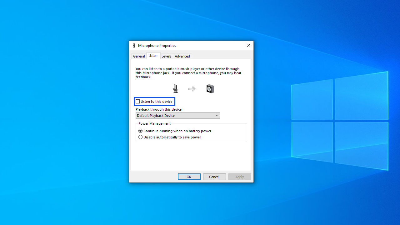 Find the Listen to this device option and uncheck it.
