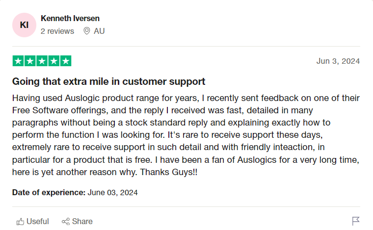 Auslogics BoostSpeed Trustpilot customer review