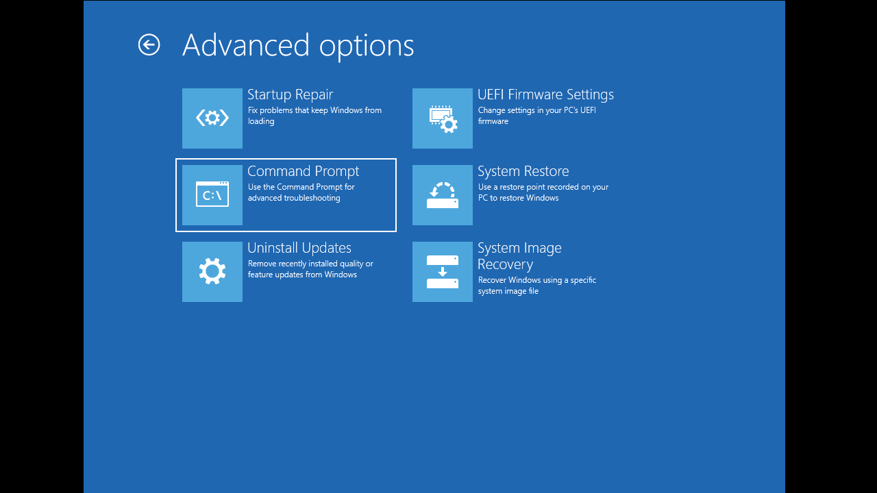 Boot from Windows installation media and access the Command Prompt