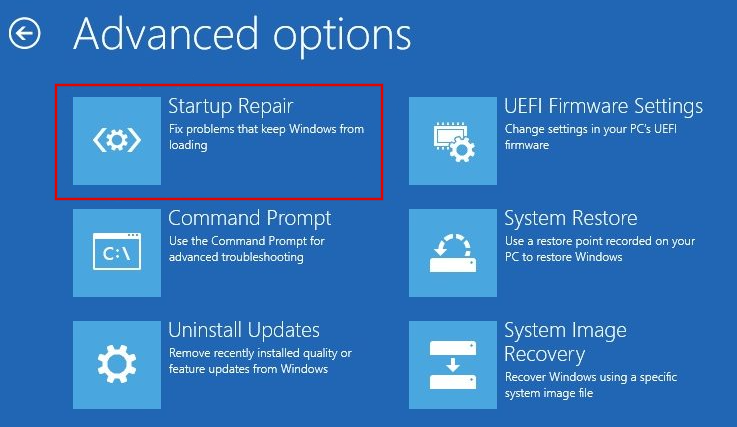 Choose Troubleshoot > Advanced options > Startup Repair