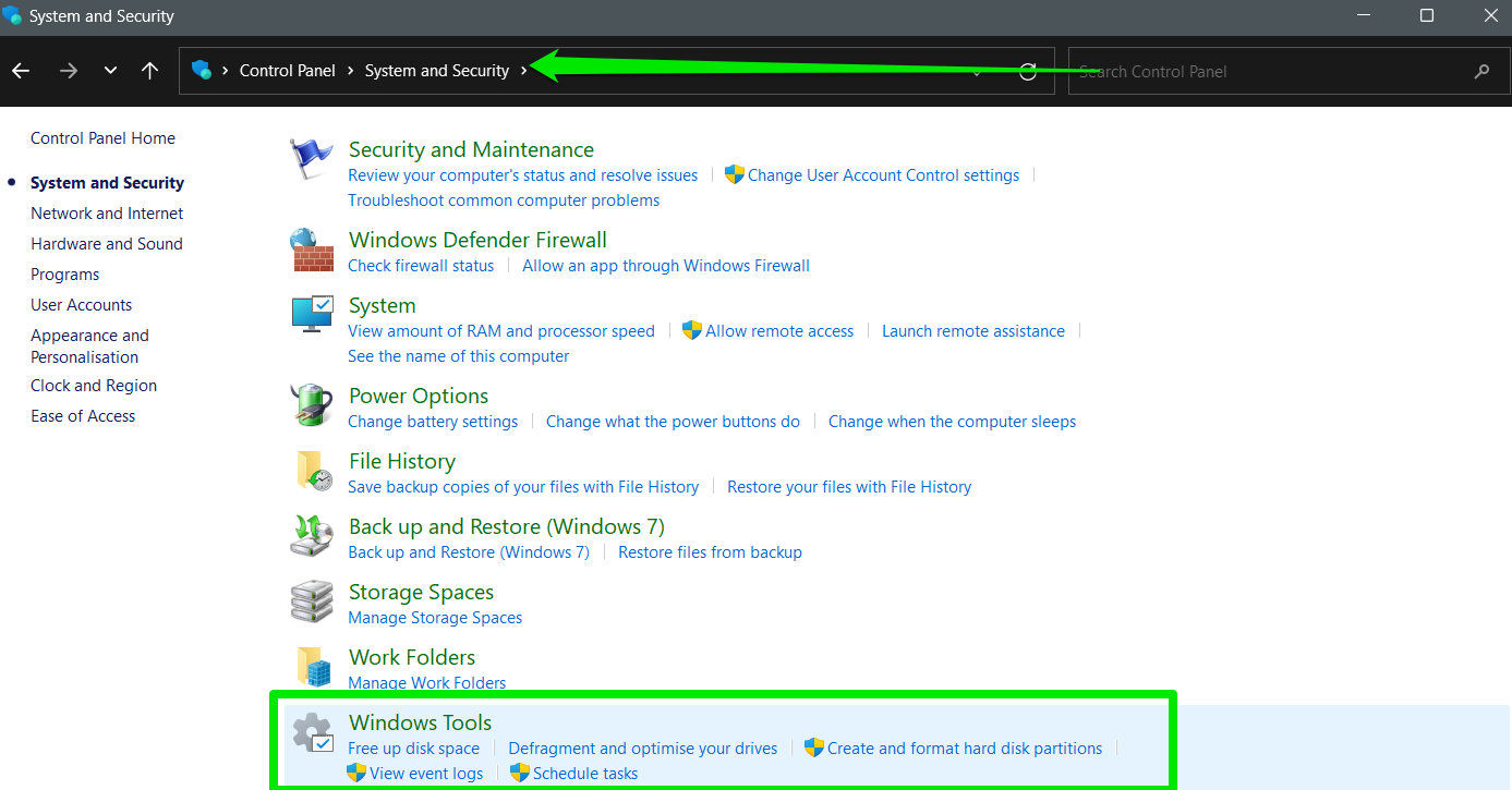 Control Panel Windows Tools