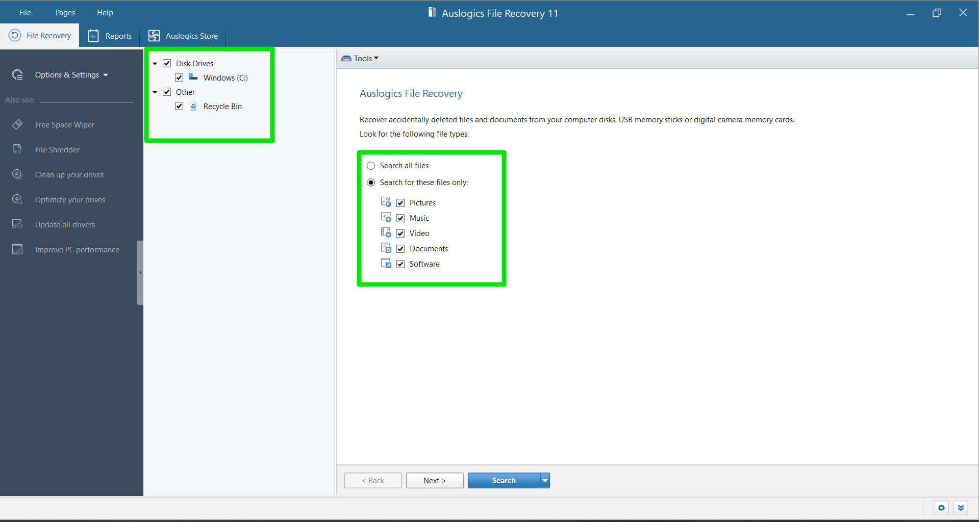 Auslogics File Recovery Search all files