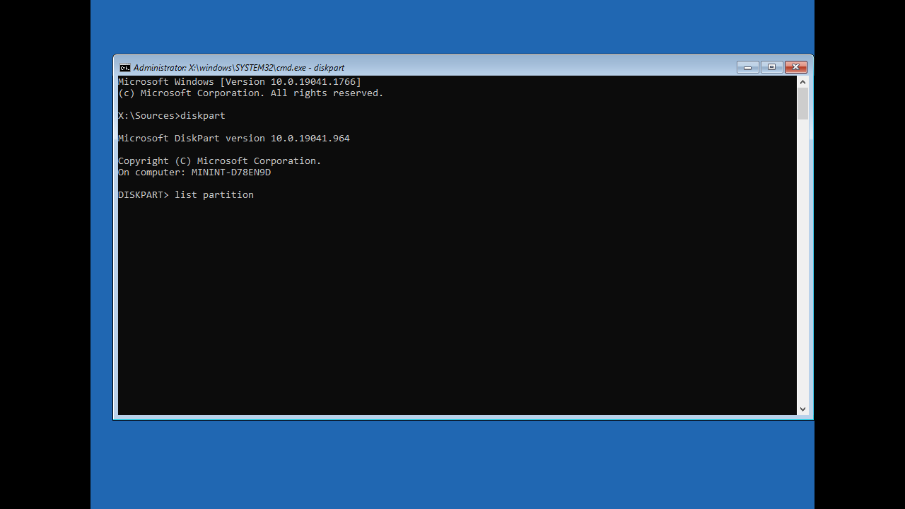 List all partitions by typing list partition