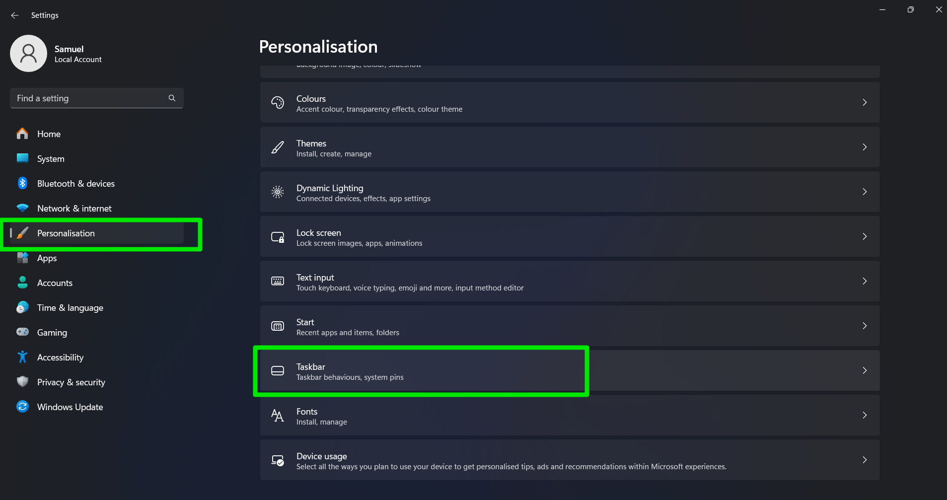 Personalization Taskbar