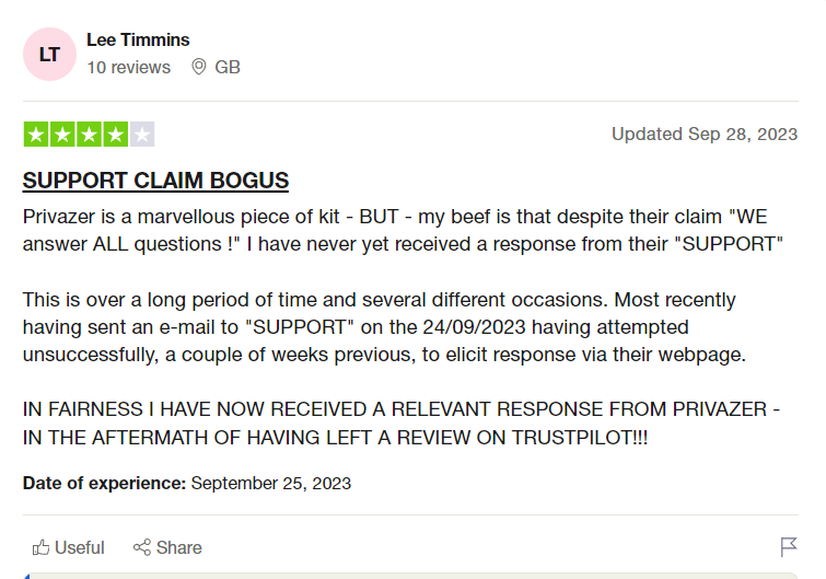 PrivaZer TrustPilot review