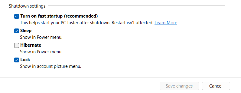 Scroll down to Shutdown settings and uncheck Turn on fast startup