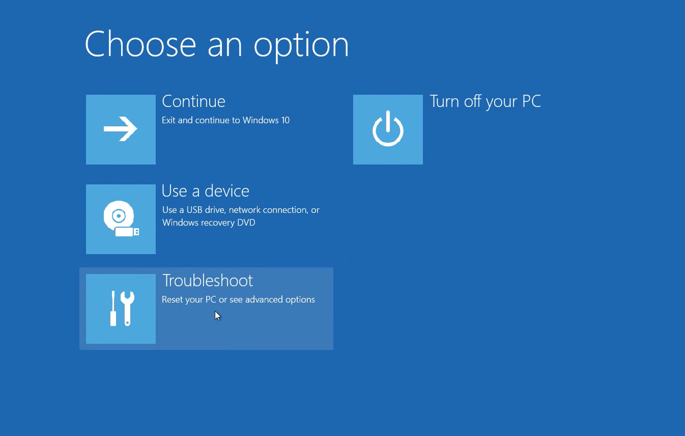 Select Troubleshoot > Reset this PC