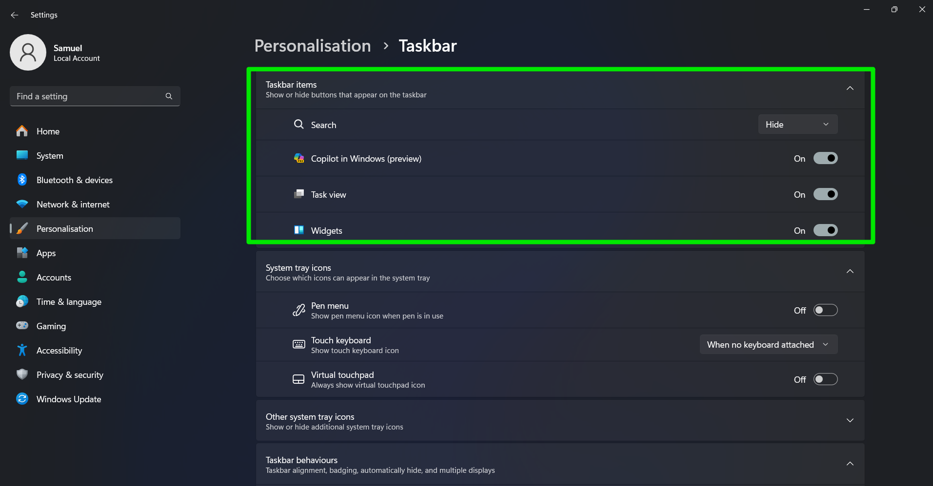 Taskbar items