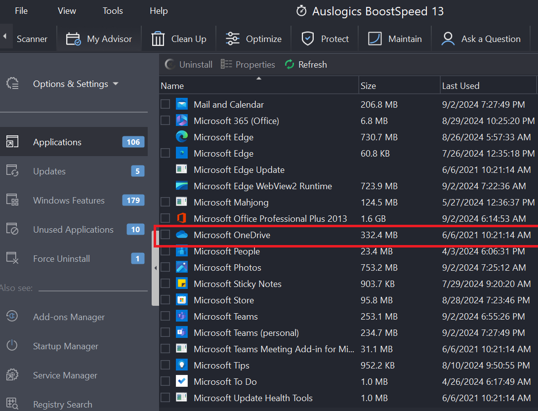 Uninstall OneDrive with Auslogics BoostSpeed