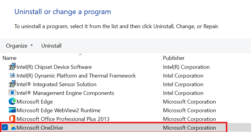 Microsoft OneDrive Uninstall or Change a program