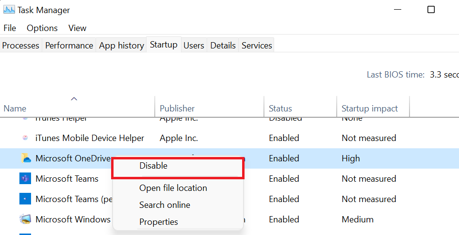 Task Manager Disable OneDrive