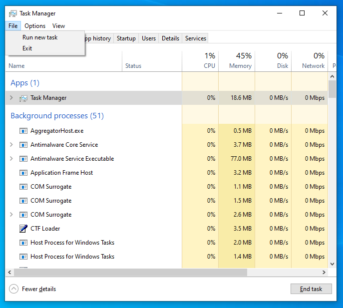 Right-click and select <em>Run new task</em> under <em>File</em>