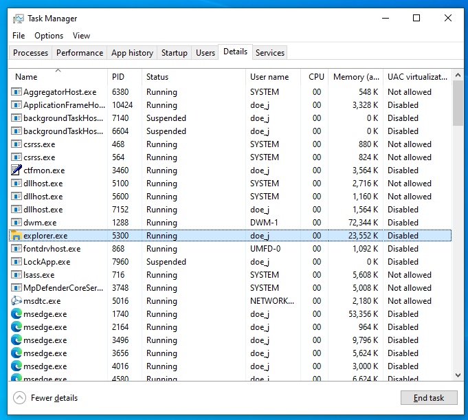 Navigate to Details tab>explorer.exe