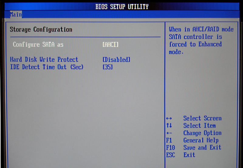 BIOS setup utility storage configuration