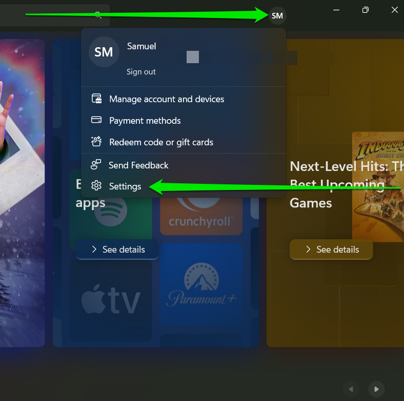 Microsoft Store click Settings