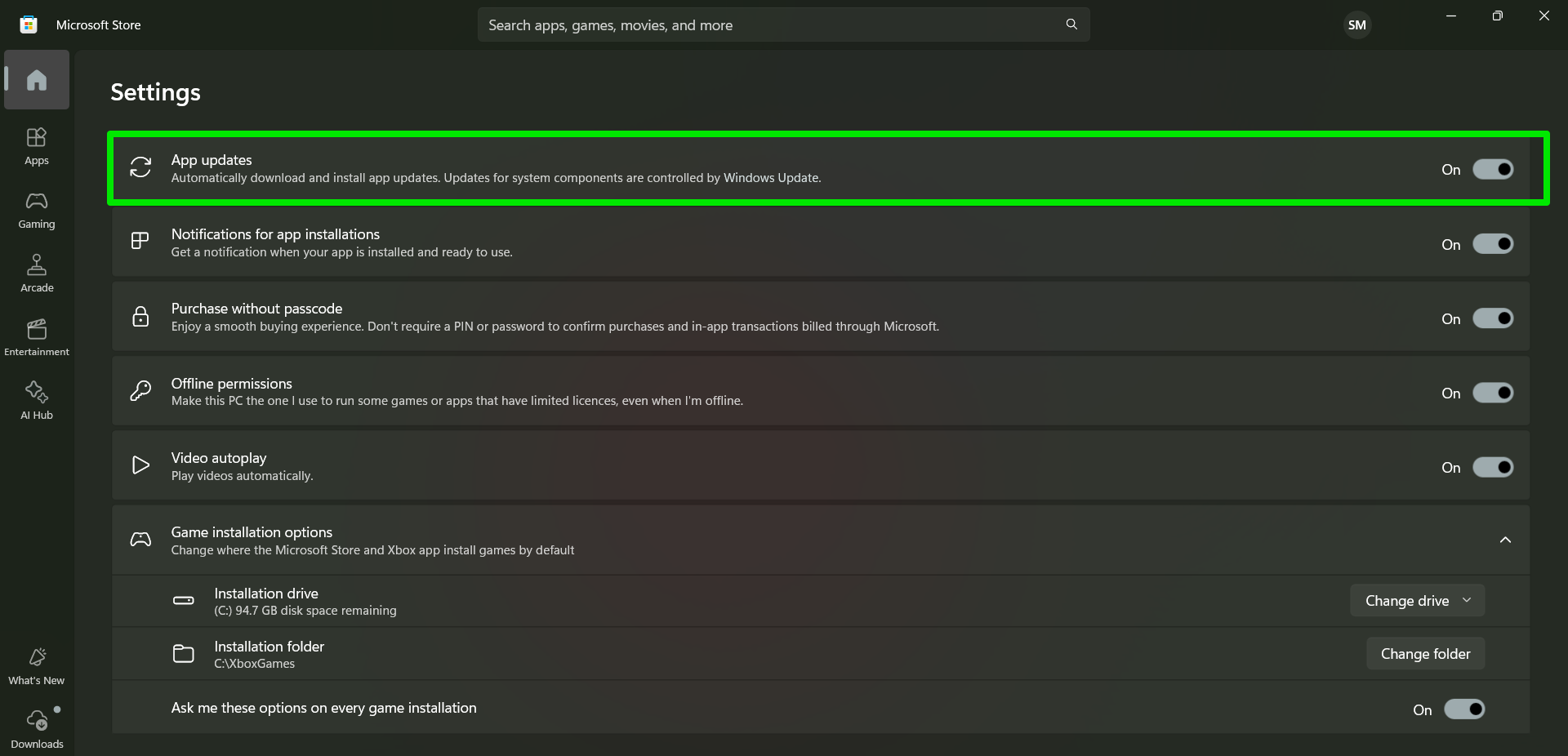 Microsoft Store turn on App updates