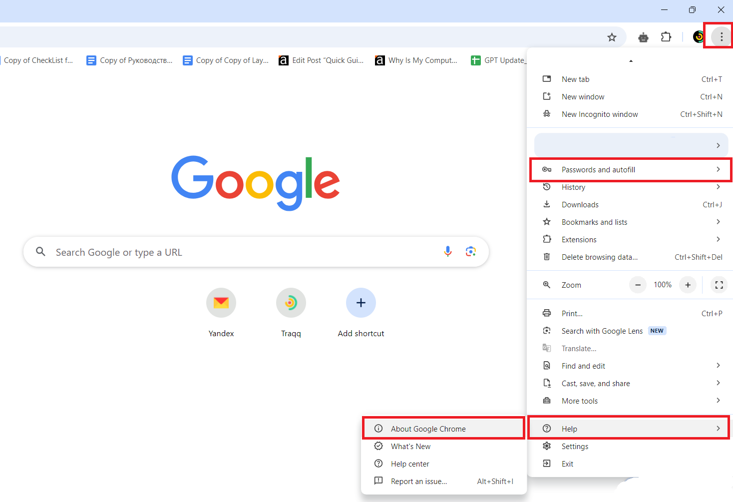 Click <i>Help </i>and select <i>About Google Chrome</i> from the context menu