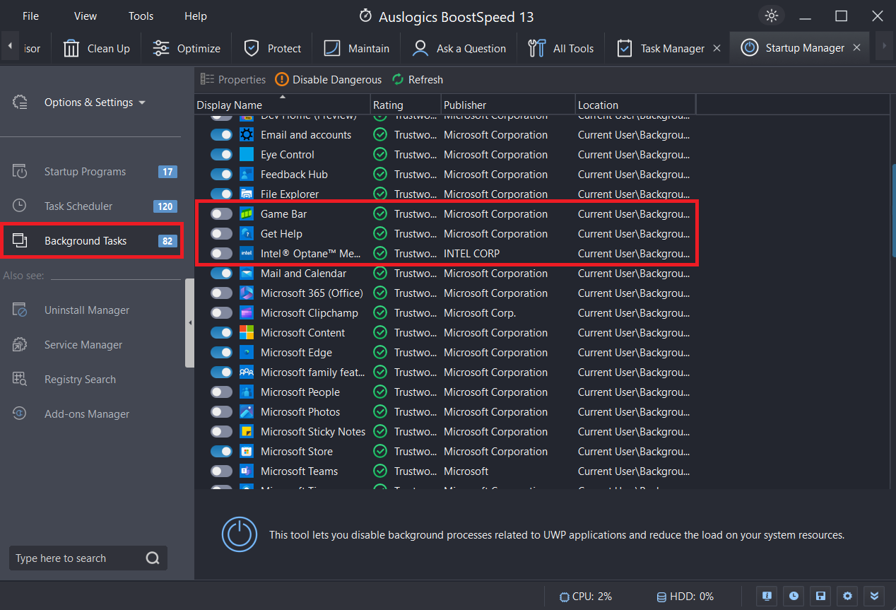 Disable Background Tasks with Auslogics BoostSpeed