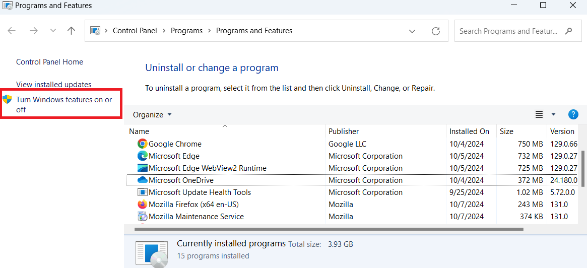 Click Turn Windows features on or off