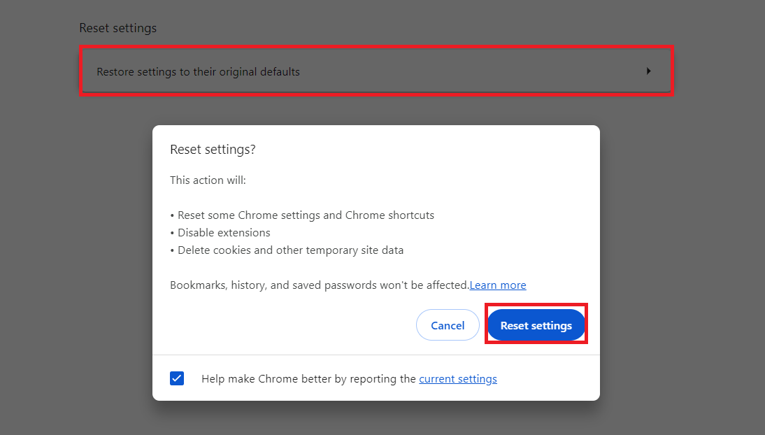 Select Restore settings to their original defaults
