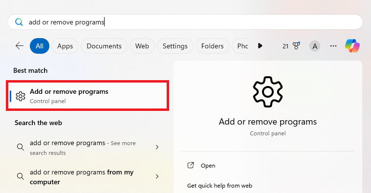 Type Add or remove programs in the search bar
