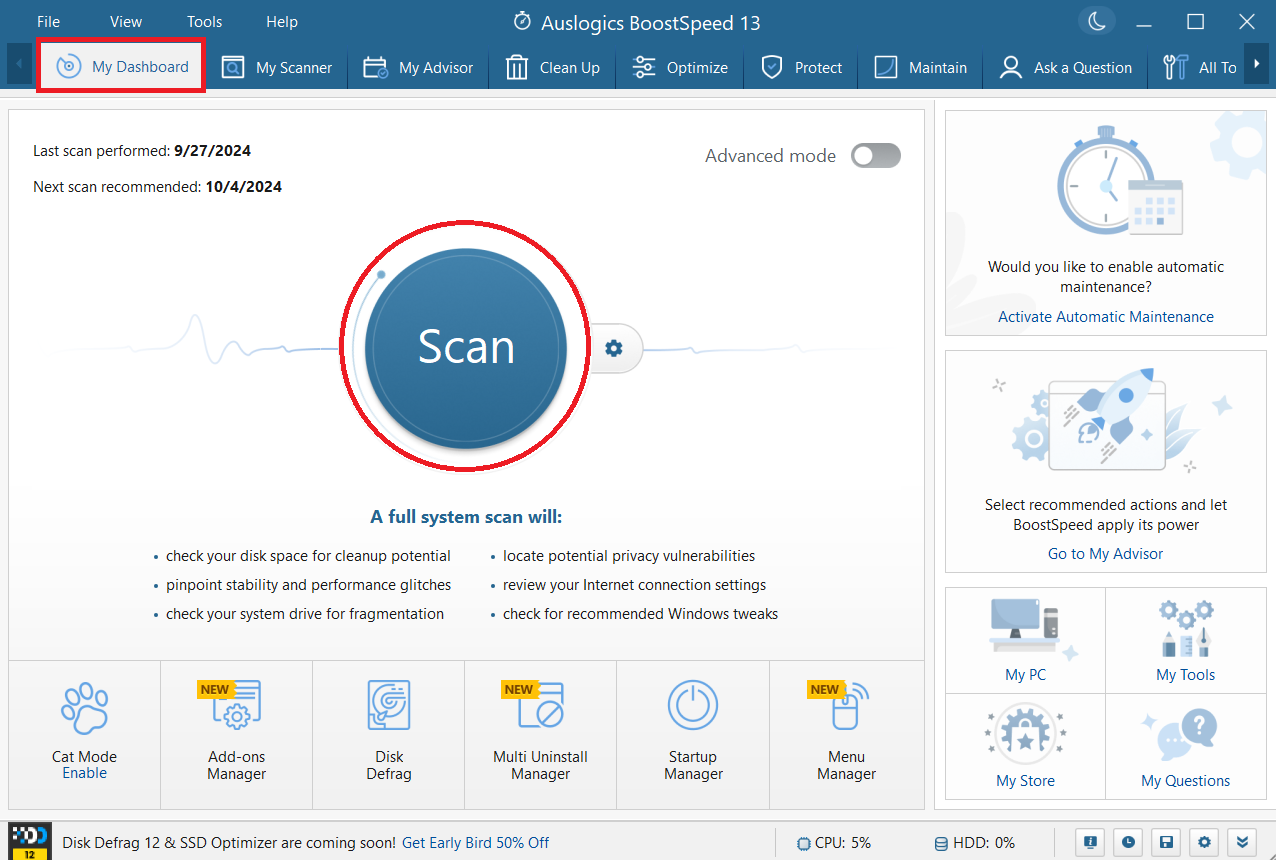 Auslogucs BoostSpeedUpdater My Dashboard Scan
