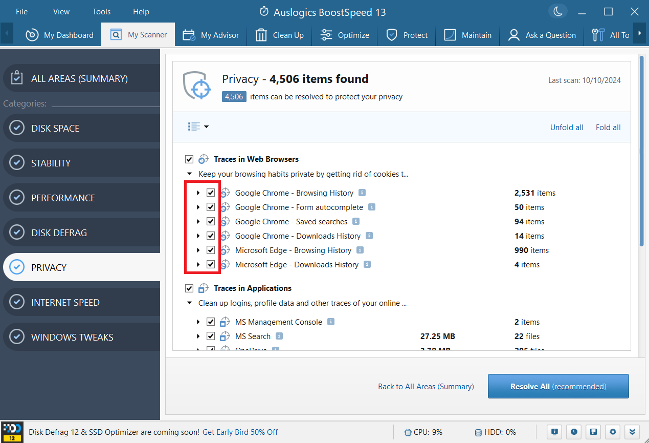 In Auslogics BoostSpeed, click See report and customize for Privacy