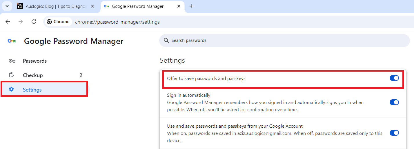 Make sure that Offer to save passwords and passkeys is toggled on