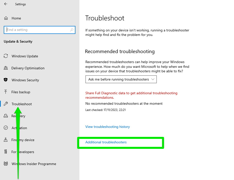 On the <i>Troubleshoot</i> page, select <i>Additional troubleshooters</i>