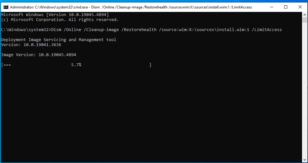 Run the command: Dism /Online /Cleanup-image /Restorehealth /source:wim:X:sourcesinstall.wim:1 /LimitAccess