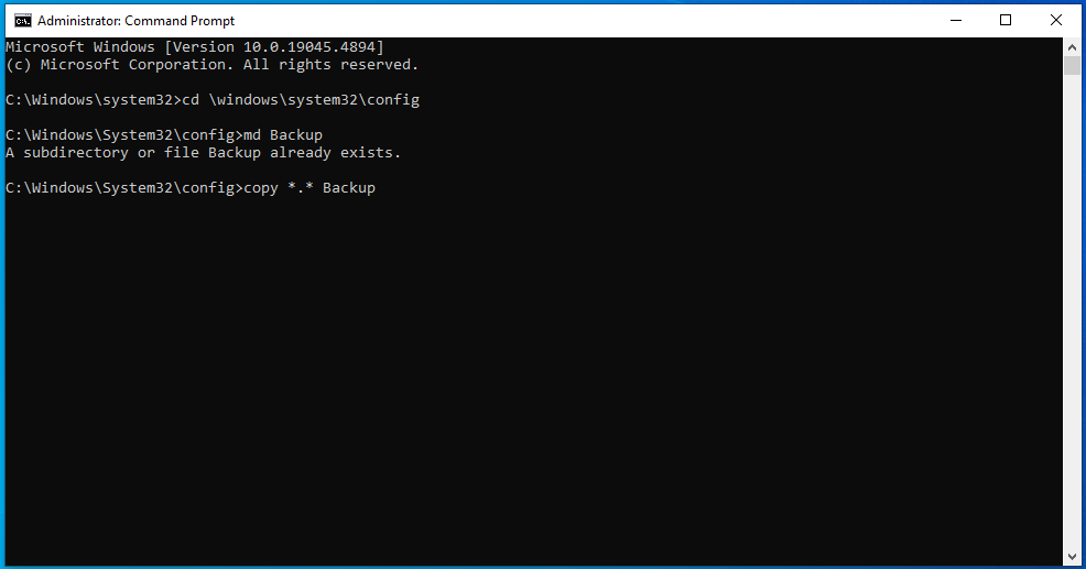 Run this command: cd windowssystem32config