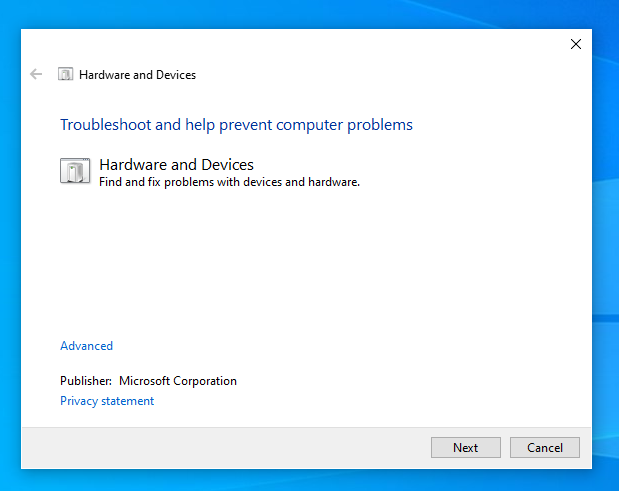 Launch the Hardware and Devices Troubleshooter