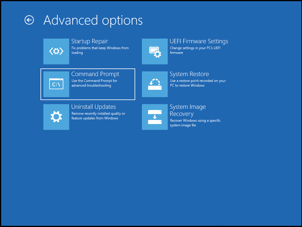 Navigate to Repair your computer > Troubleshoot > Command Prompt