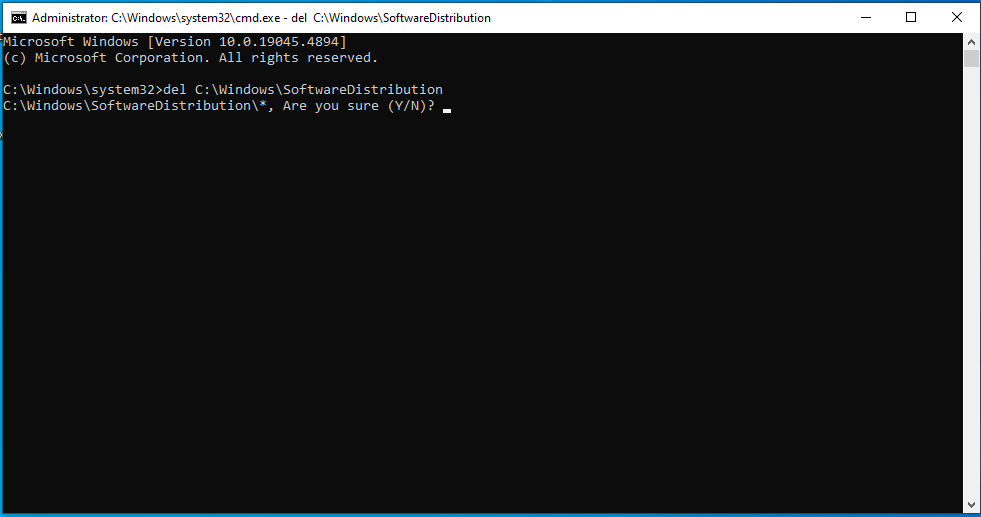 Run the command: del C:WindowsSoftwareDistribution
