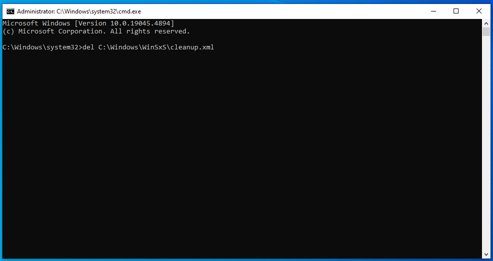Run the command: del C:WindowsWinSxScleanup.xml