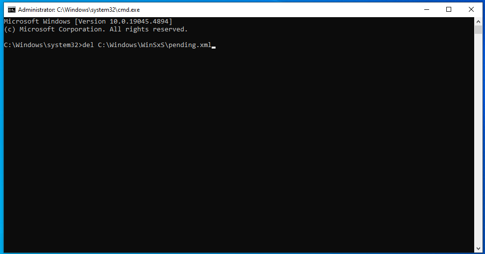 Run the command: del C:WindowsWinSxSpending.xml