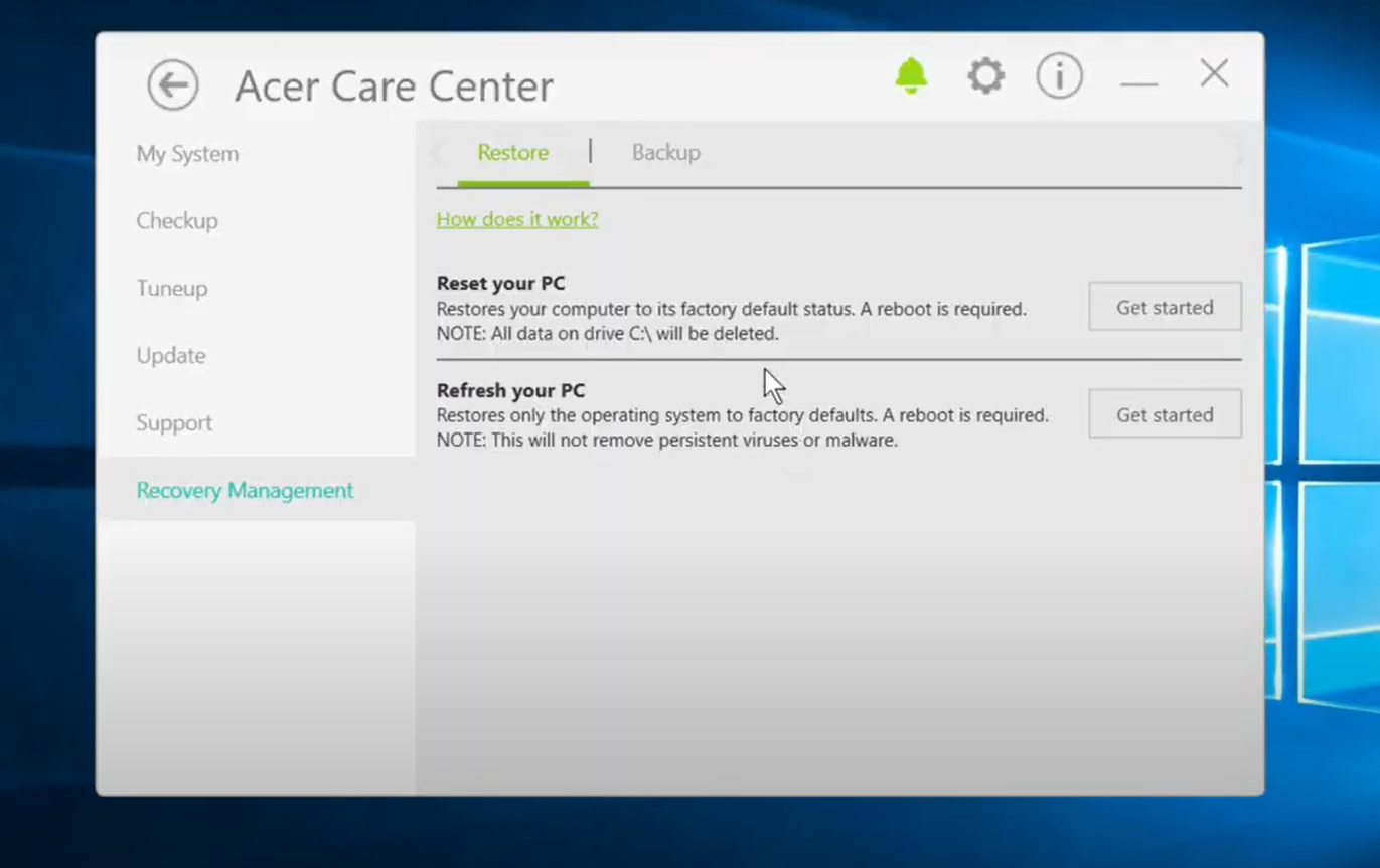 Acer Care Center is the main tool for factory resetting Acer systems
