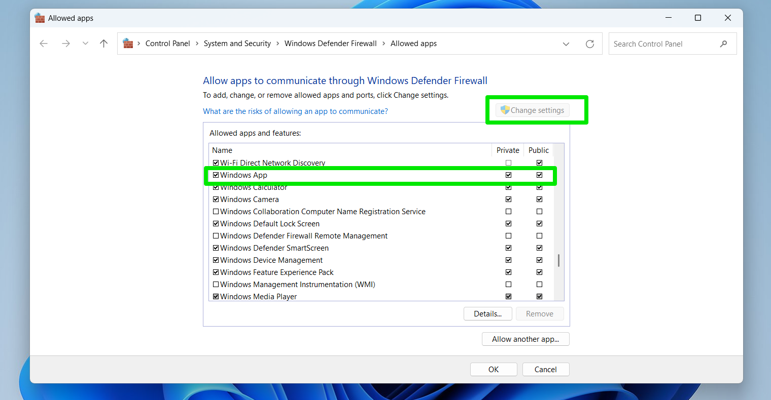 Allowed apps firewall Windows apps
