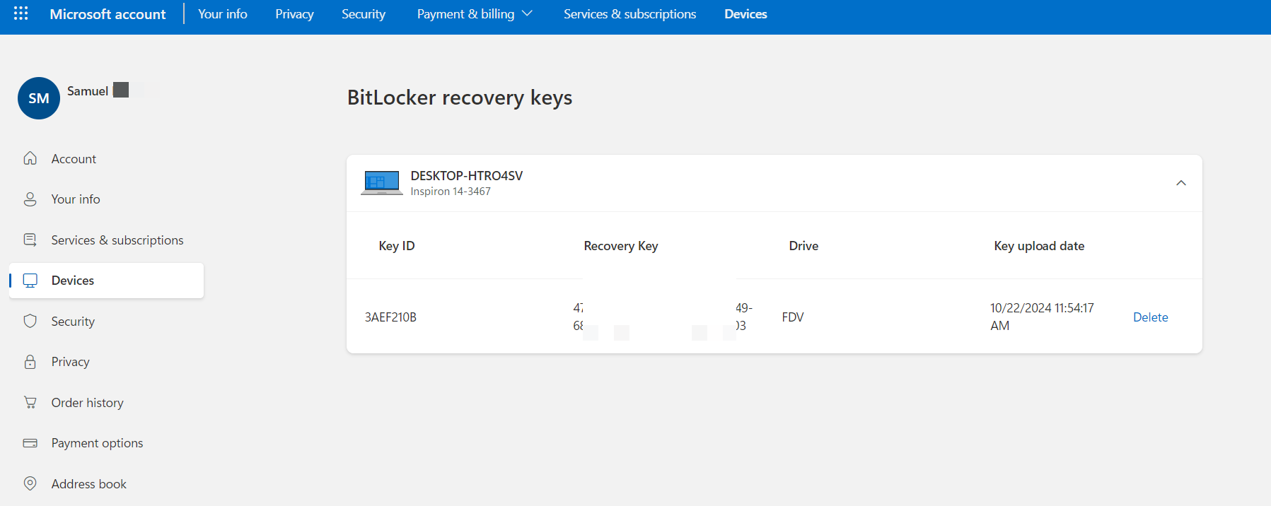 Once you’re signed in, you should see the <i>BitLocker recovery keys</i> page