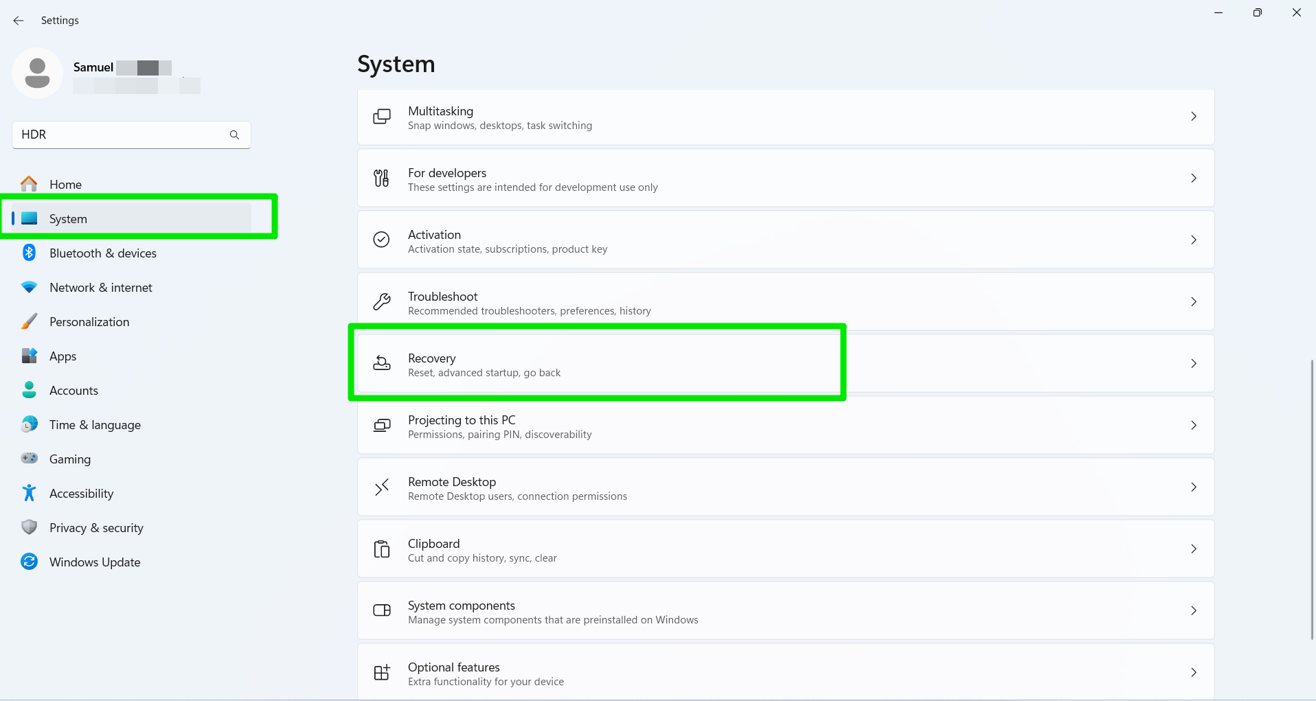 In Settings, click Recovery
