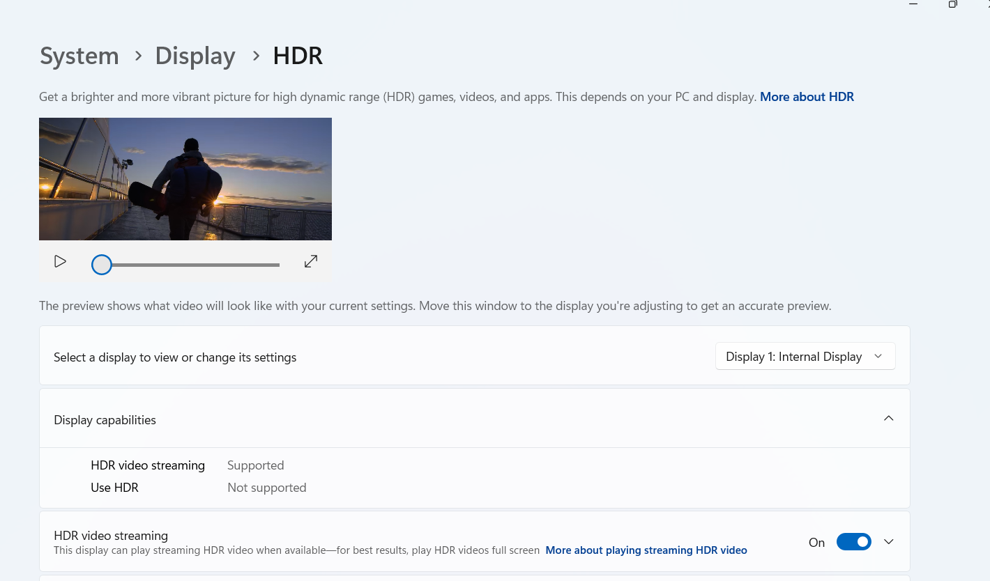 uUnder <em>Display capabilities, </em>check whether your computer supports HDR